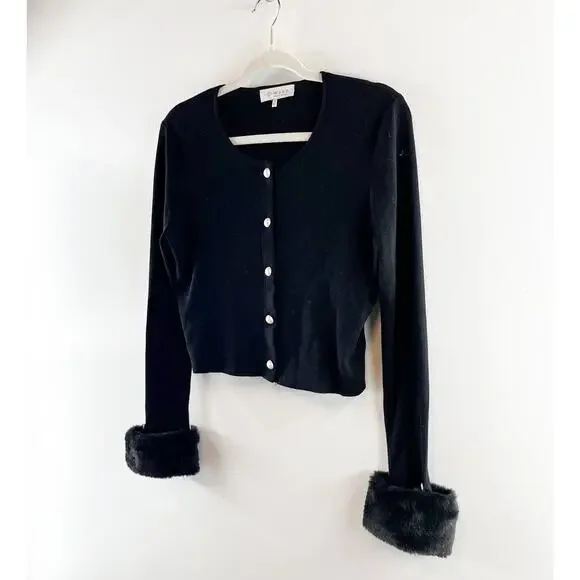 Wayf Long Sleeve Button Front Cropped Cardigan with Faux Fur Cuffs Black Medium - Picture 4 of 9